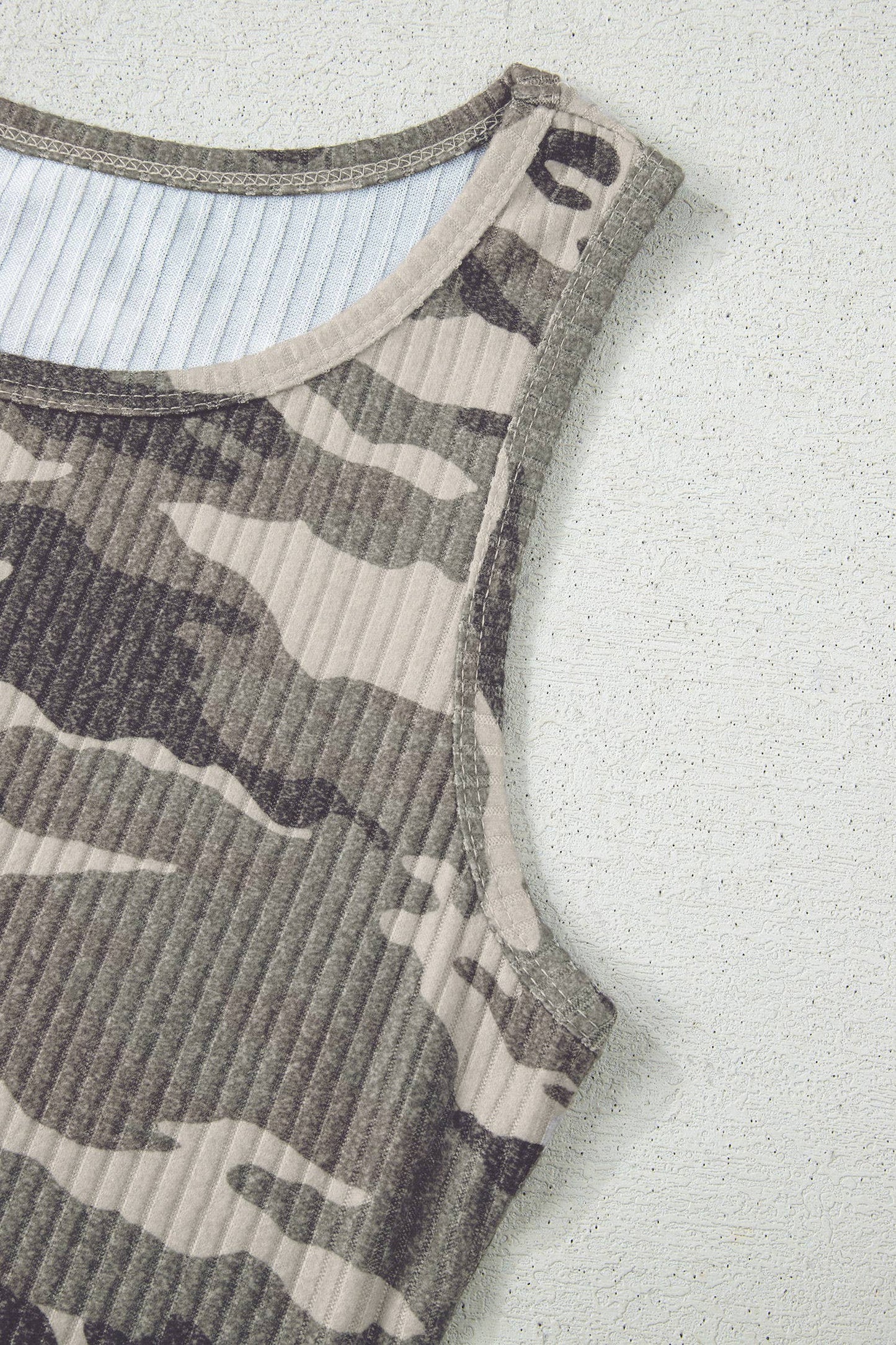 Camouflage Print Ribbed Knit Round Neck Tank Top