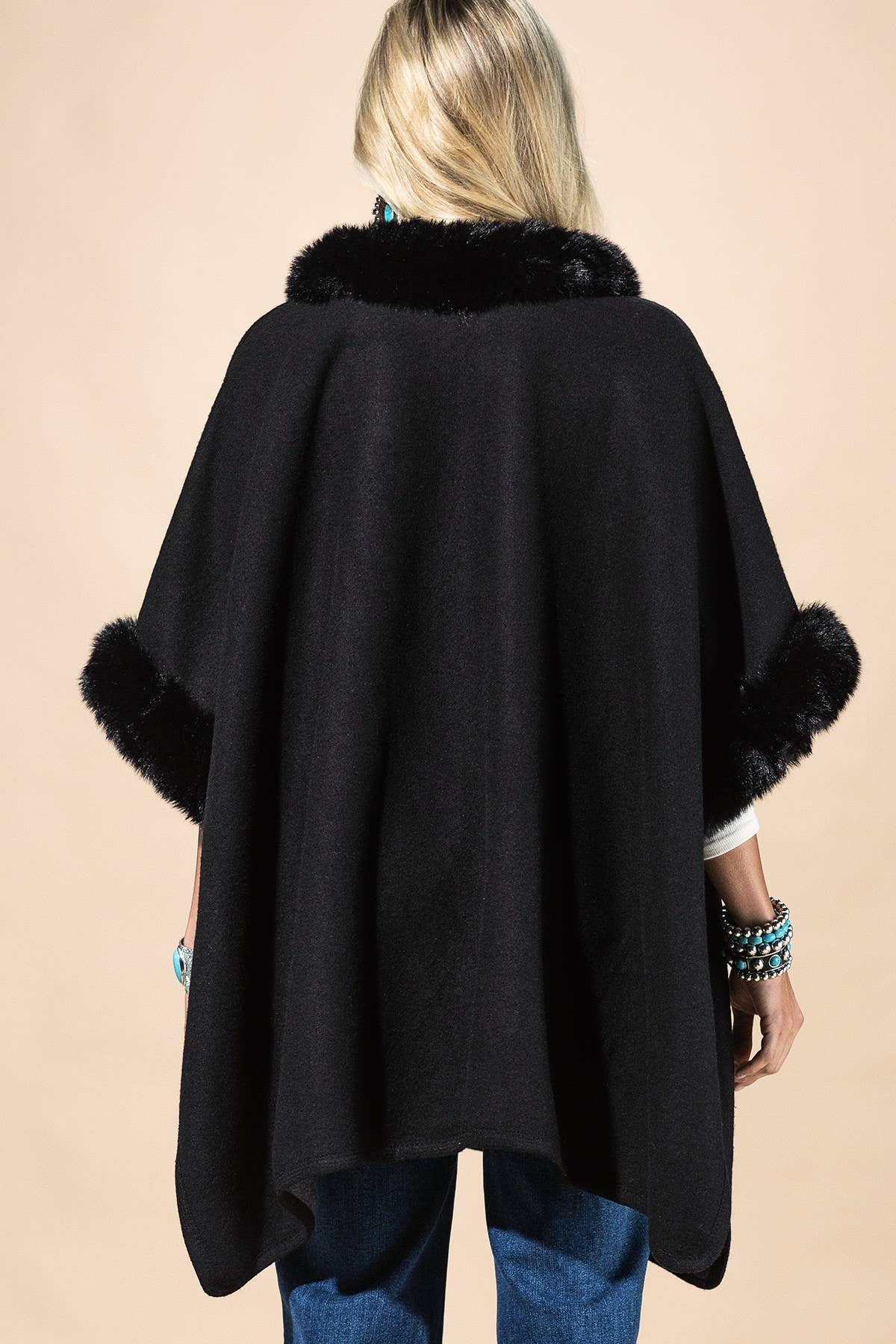 Cape With Faux Fur Trim And Toggle Closure