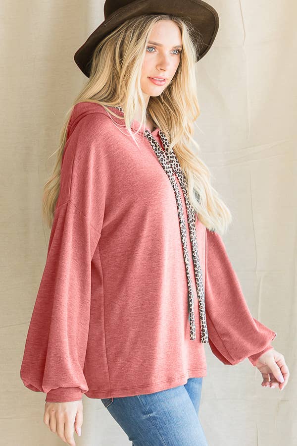 Leopard Drawstring Balloon Sleeves Pullover Hoodie T3716