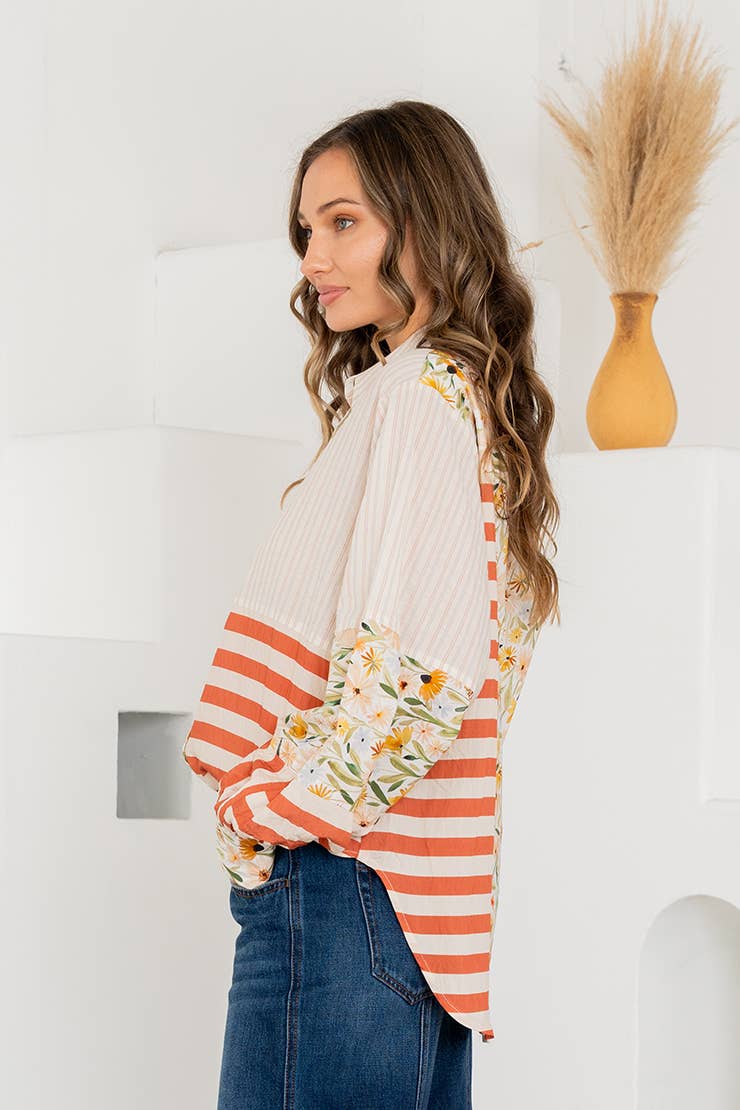 Relaxed Fit Mixed Print Button Down Shirt