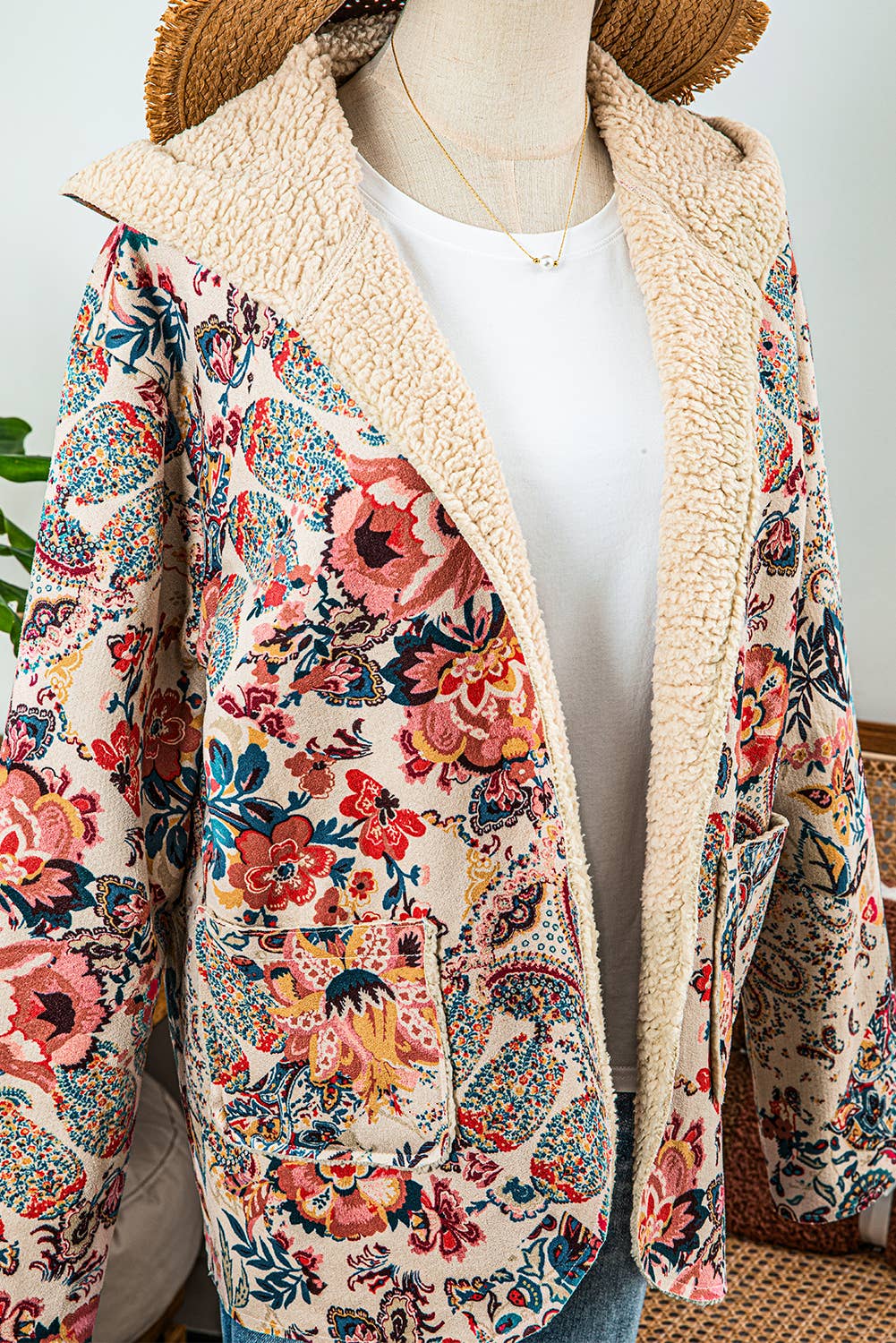Fashion-W Vintage Paisley Floral Sherpa Lined Hooded Jacket