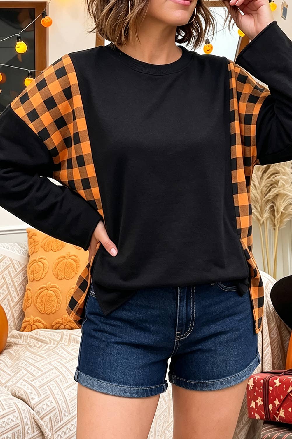 Plaid Pumpkin Face Top