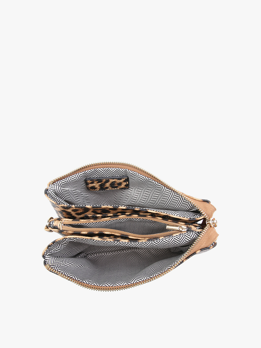 M013LP Riley Leopard 3 Compartment Crossbody/Wristlet