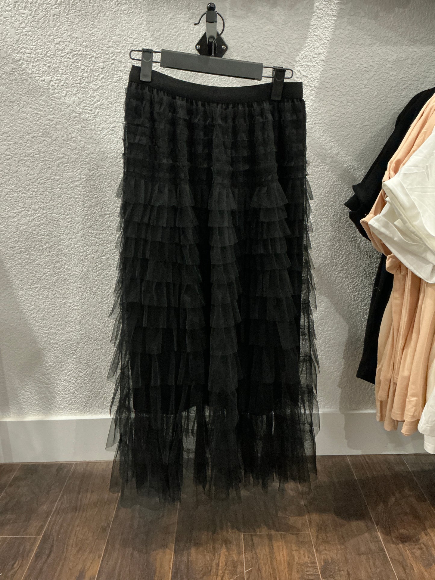 Black Ruffle Multi Tier Sheer Flowy Maxi Skirt