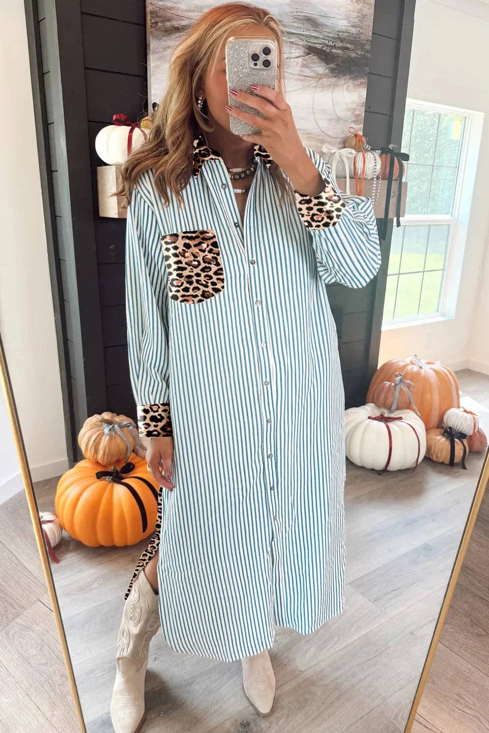 Blue Stripe Contrast Leopard Patchwork Long Shirt Dress with Slits