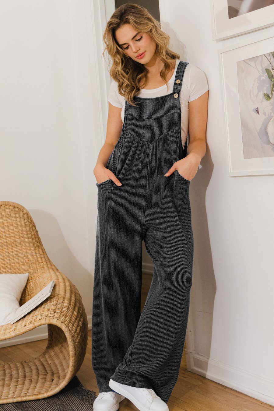 Knit Button Wide-Leg Jumpsuit