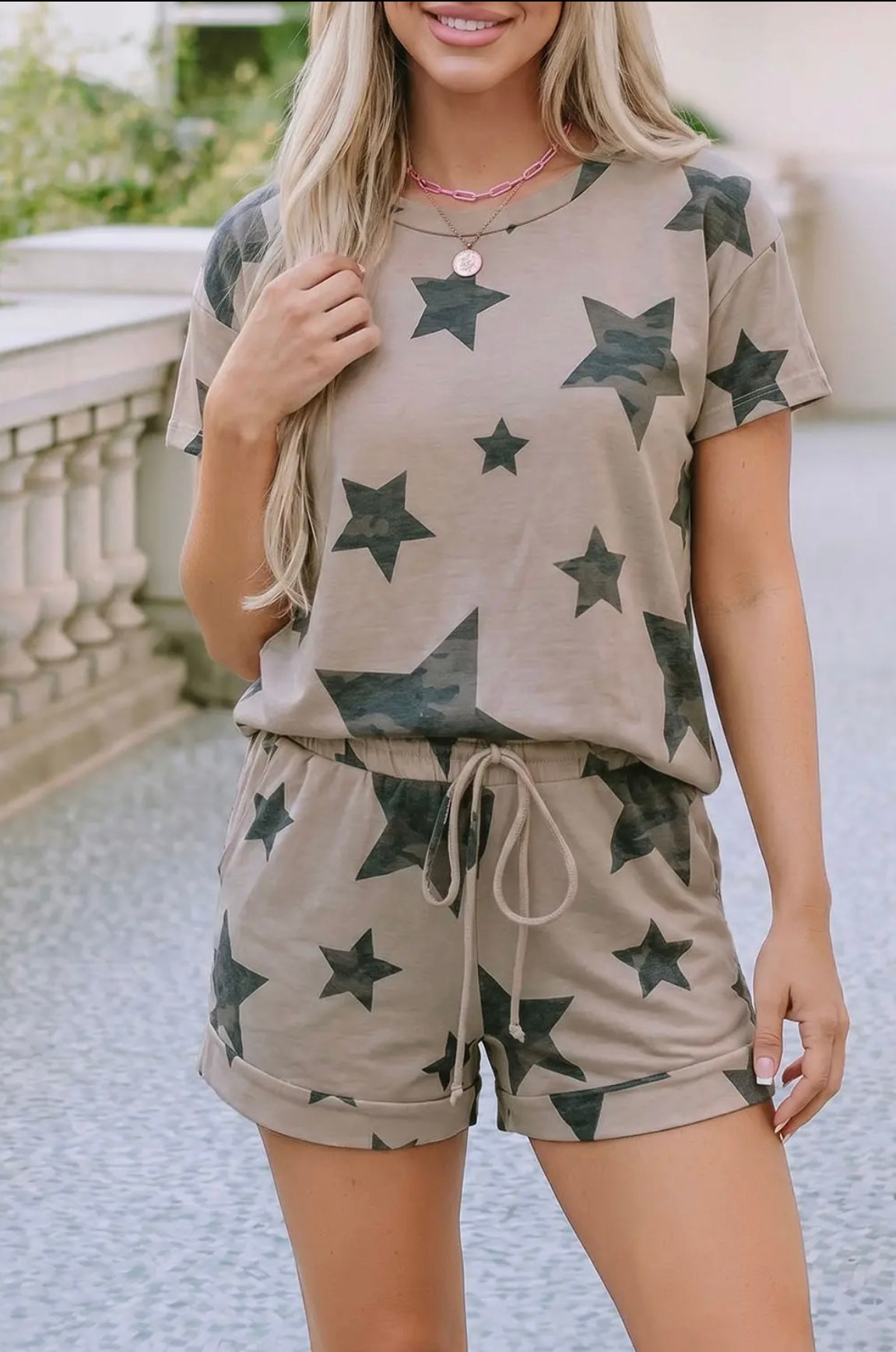 Camo Star Crew Tee Drawstring Shorts 2pcs Set