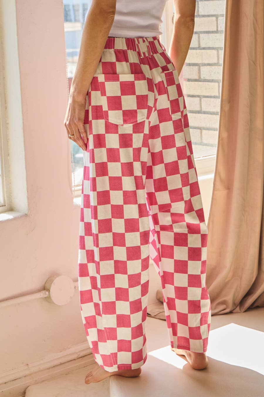 Checkered Printed Barrel Denim Pants