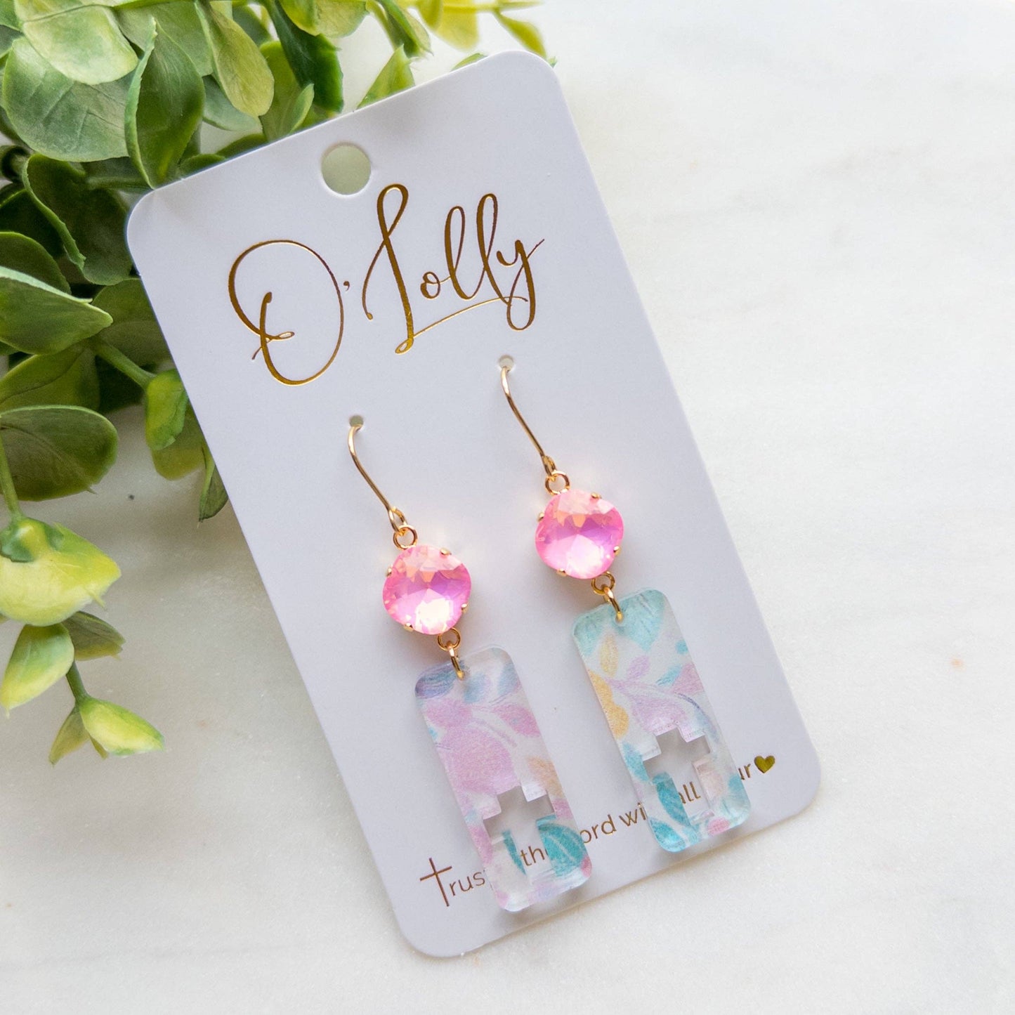 Pink Stone w/Pastel Floral Open Cross Acrylic Dangle - “Mary Nicole”