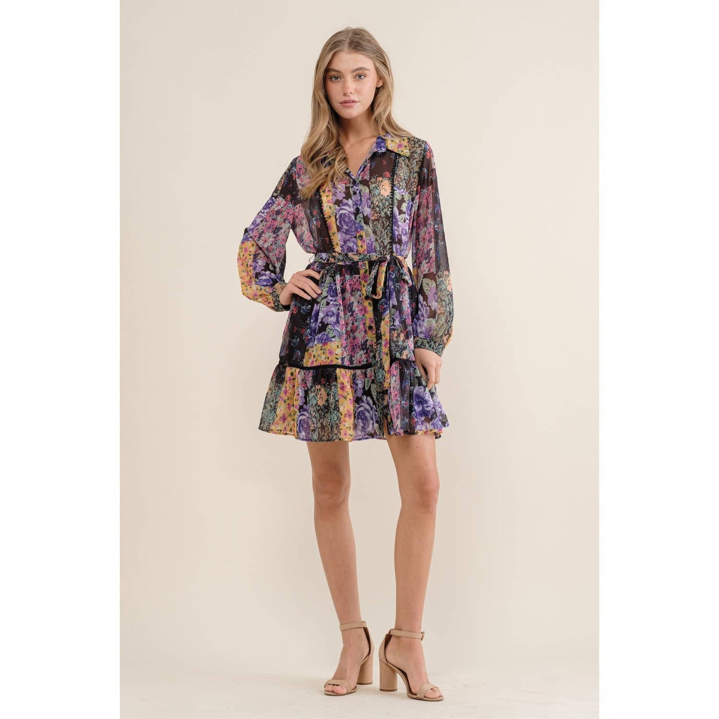 FLOWER PRINT LONG SLEEVE SHIRT DRESS