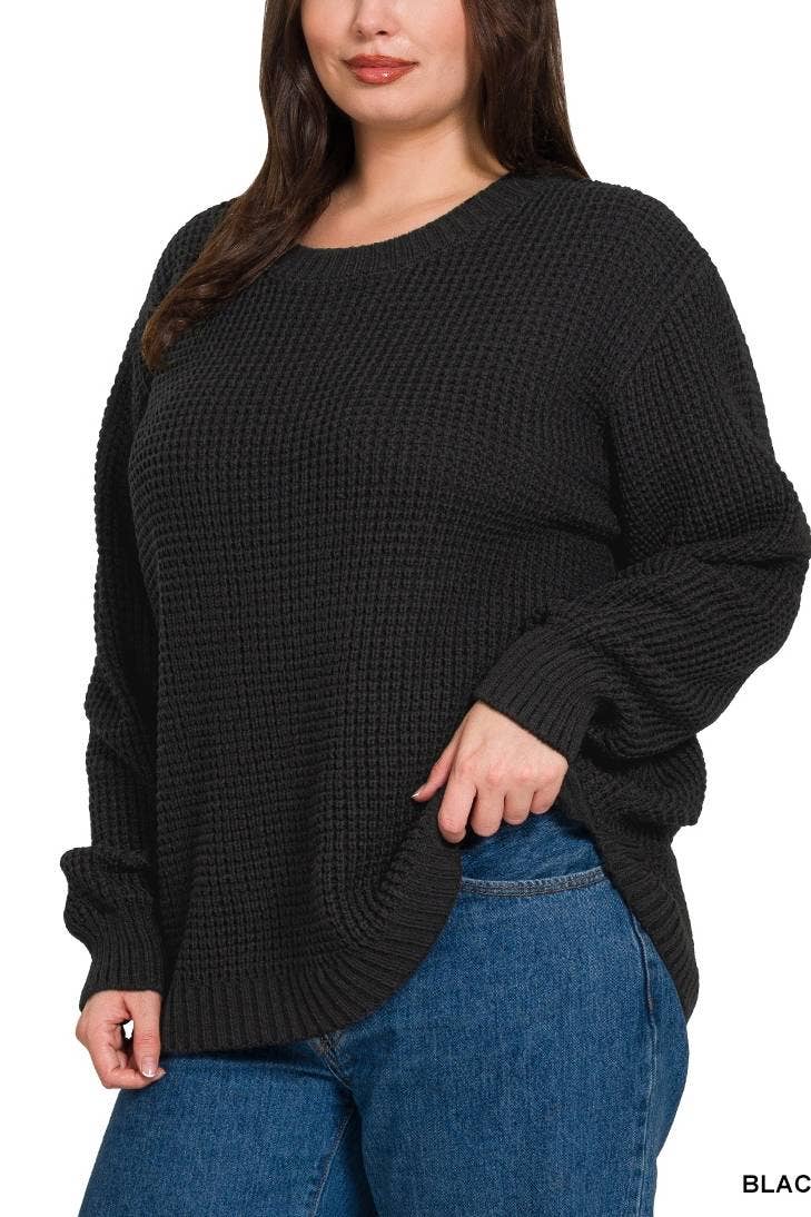 Plus Hi-low Long Sleeve Round Neck Waffle Sweater