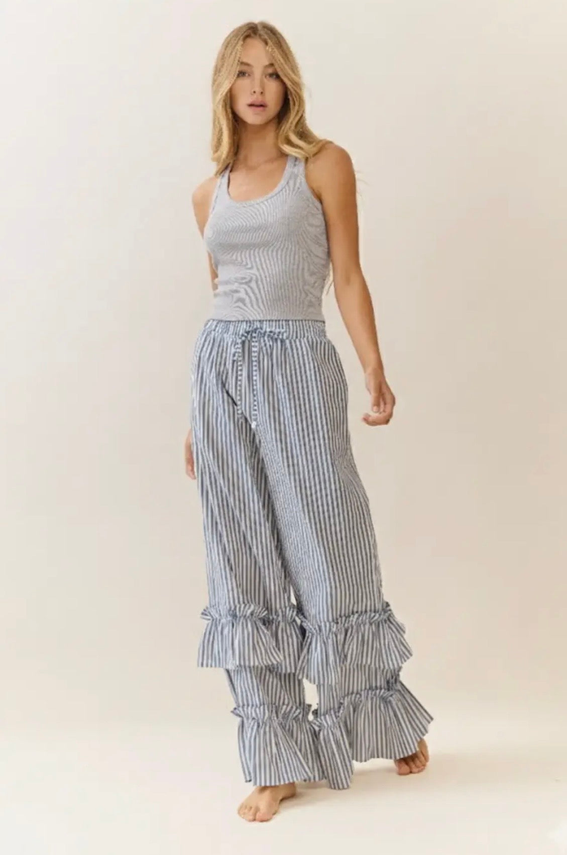 Striped pull on maxi pants with ruffle hem