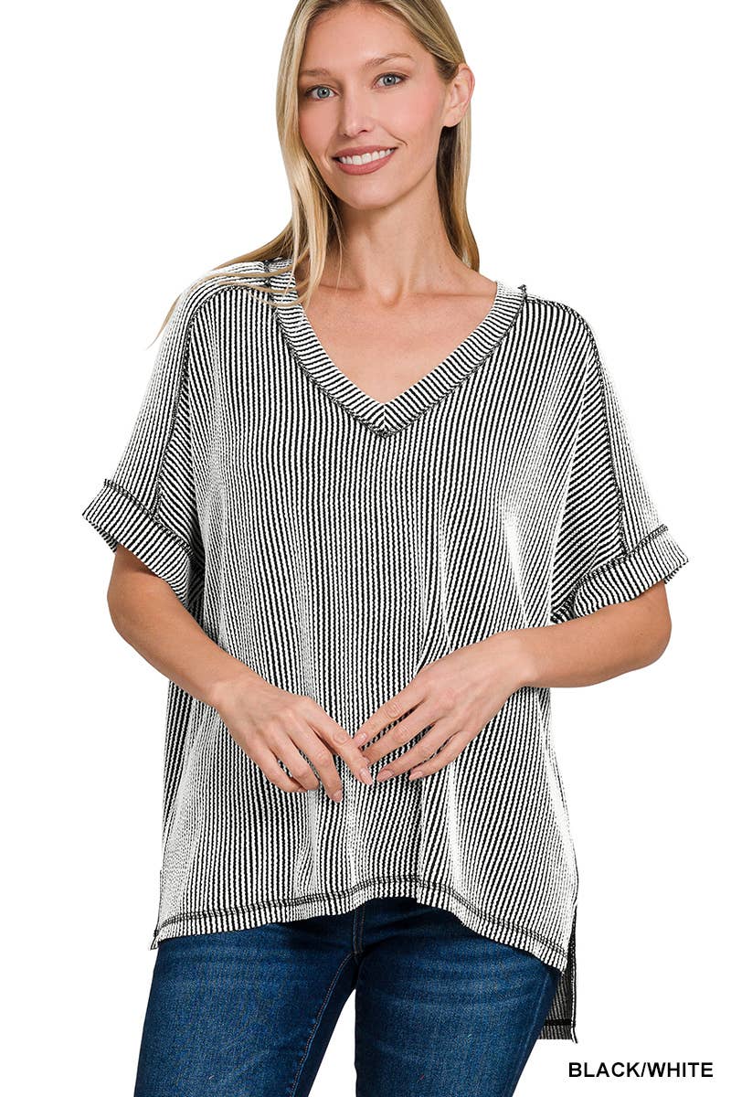 Corded Rib Short Sleeve Hi-low V Neck Top