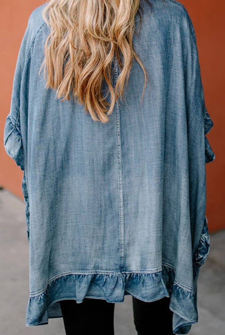 Chambray Ruffle Hem Half Sleeve Open Loose Kimono