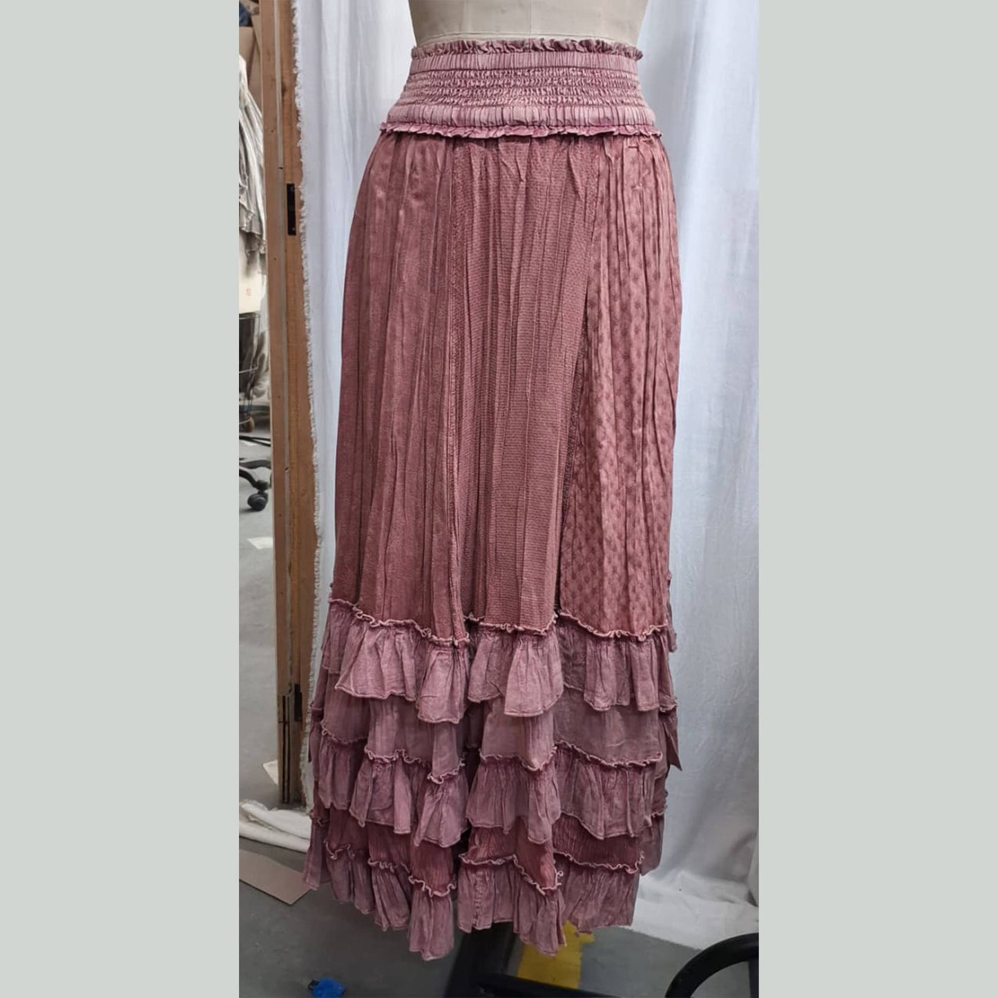 Rustic Textured Smocked Waist Ruffled Tiered Maxi Skirt