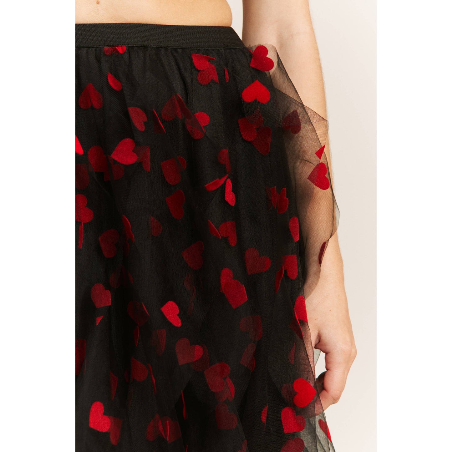 HEART VELVET FLOCKING MESH LAYERED MIDI SKIRT