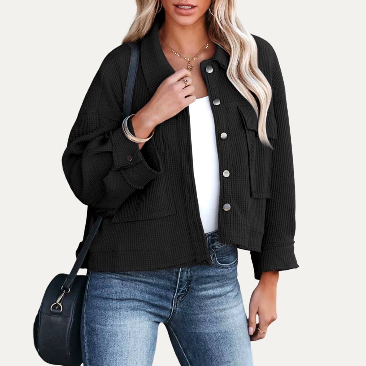 Button-Up Long Sleeve Cropped Jacket