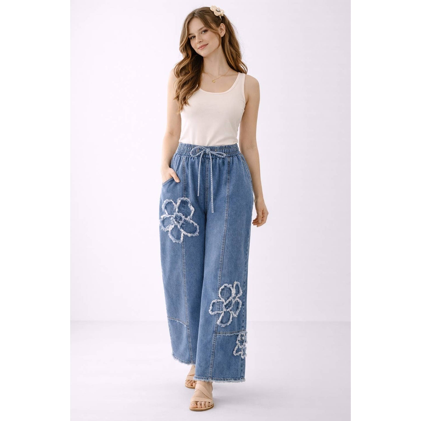 DENIM WASHED FLORAL PATCH WIDE LEG OPENING PANTS