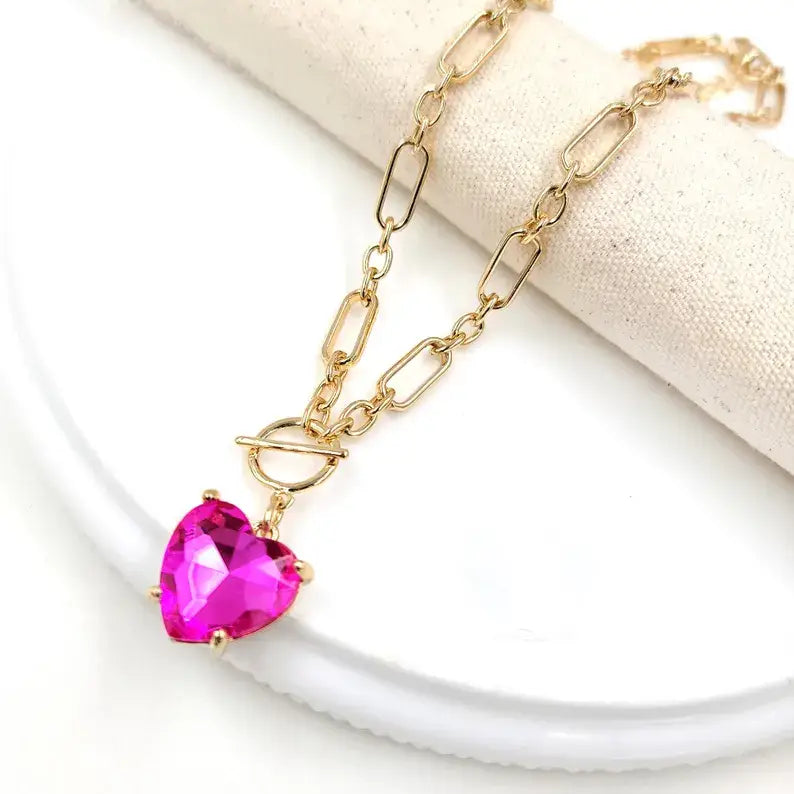 Love Heart Crystal Glass Charm Chain Link Toggle Necklace