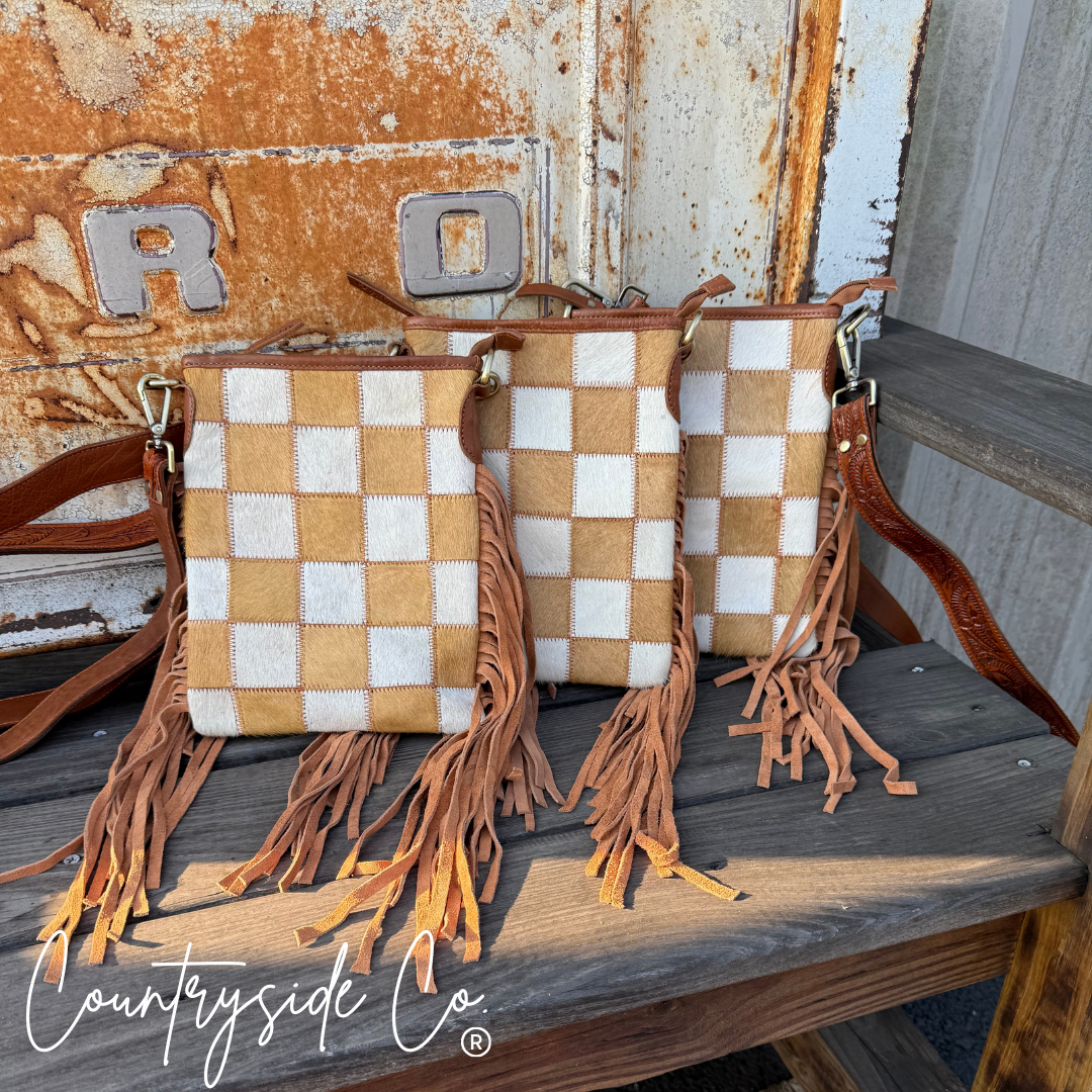 Stockdale Checkered Cowhide Fringe Purse, Brown & White