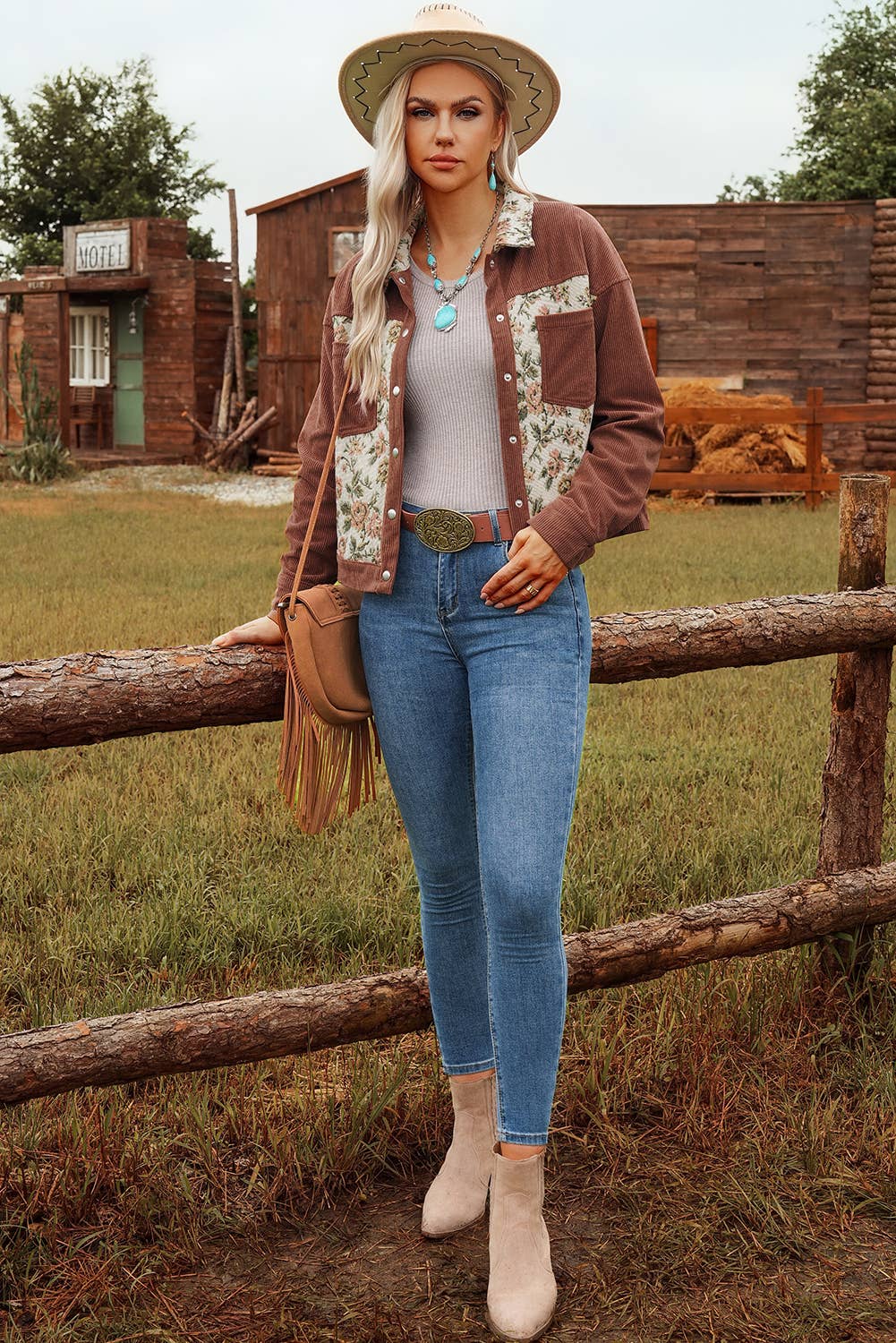 Fashion Rib Retro Floral Patchwork Shirt Style Jacket* S-4X