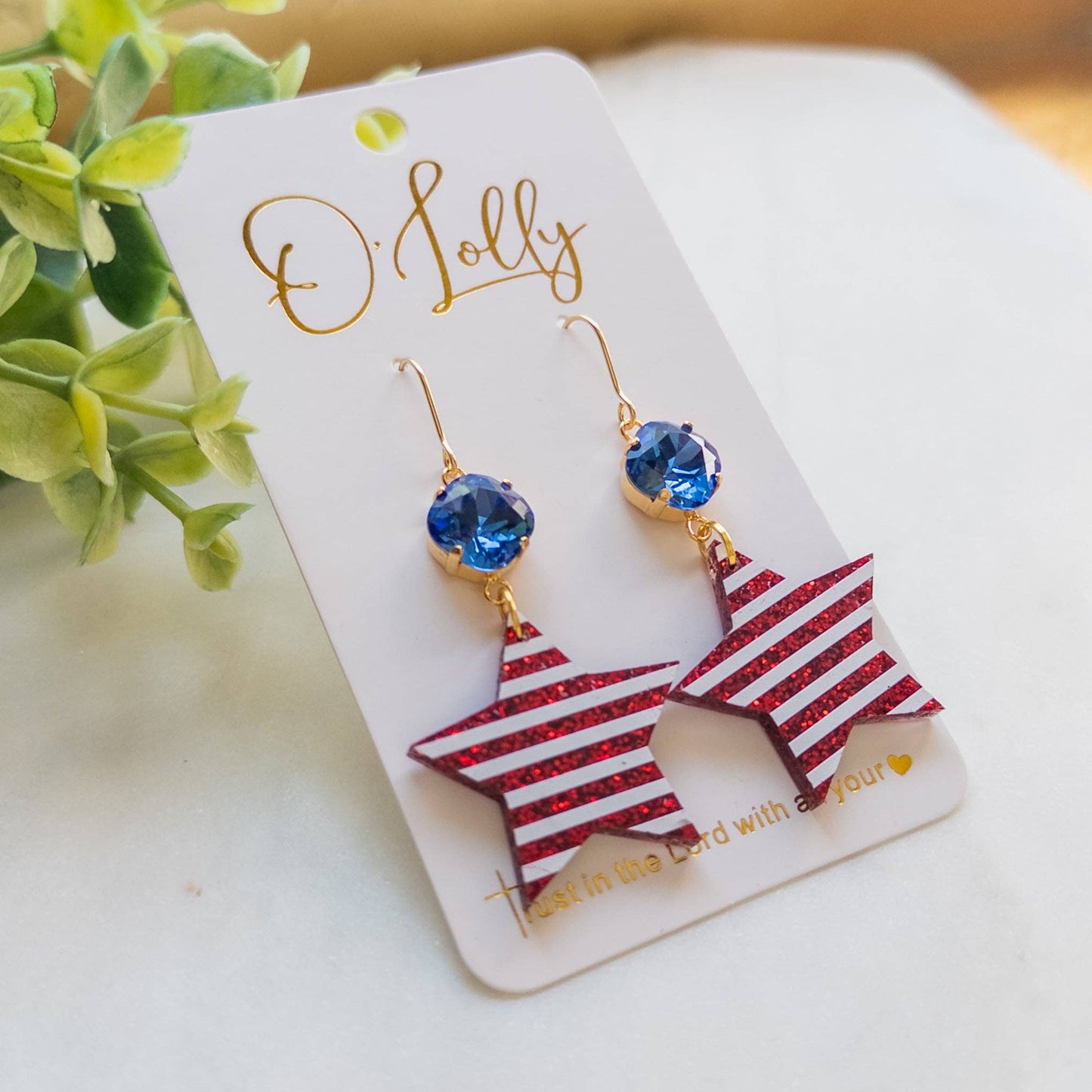 Blue Stone w/Red & White Glitter Acrylic Star