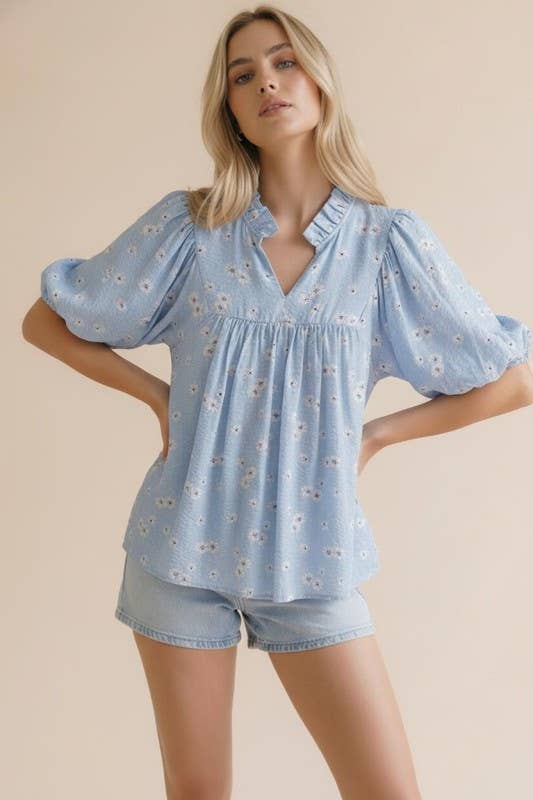Frilled Notch Neck Short Sleeve Floral Blouse