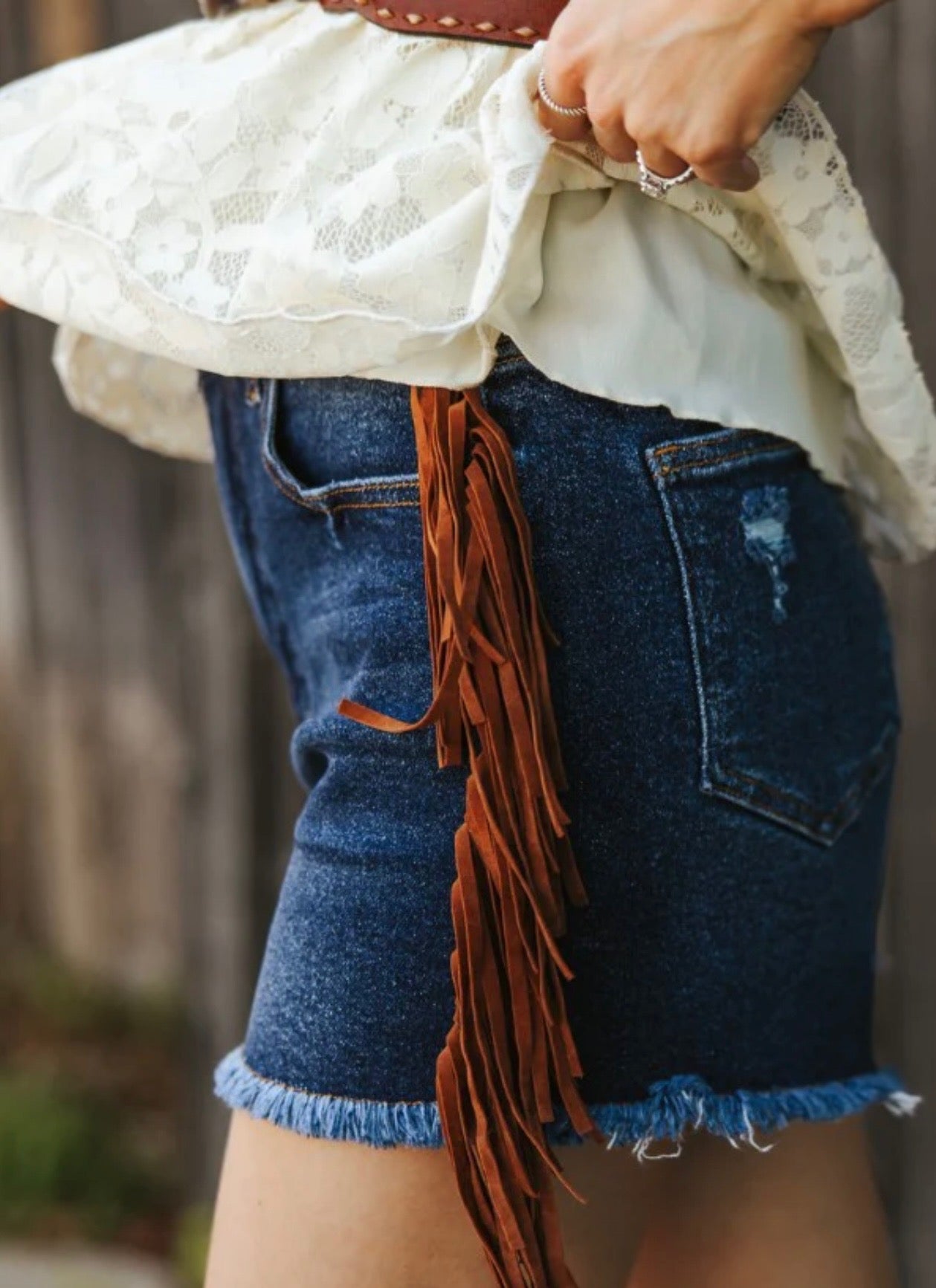 Denim High Rise Shorts With Camel Suede Side Fringe