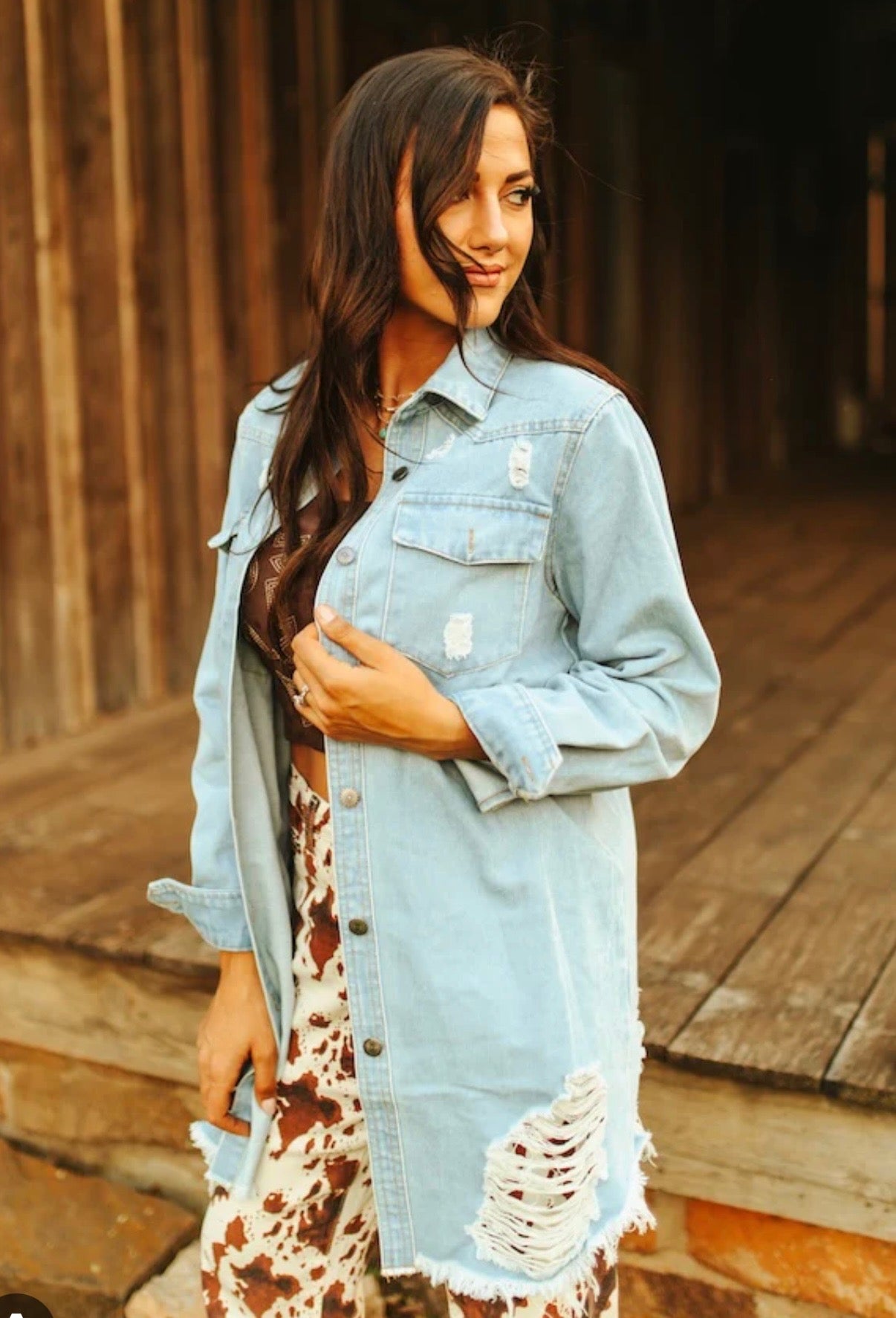 Light Stone Wash Denim Distressed Button Down Shirt