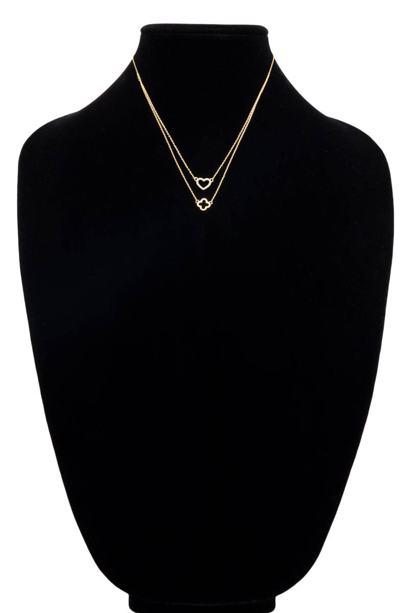 Brass Heart and Clover Layered Pendant Necklace