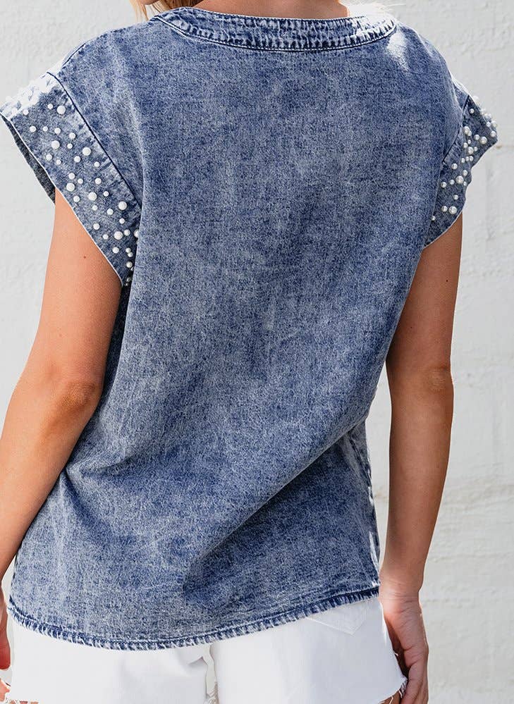 Acid Wash Pearl Embellishments O-neck Denim Top