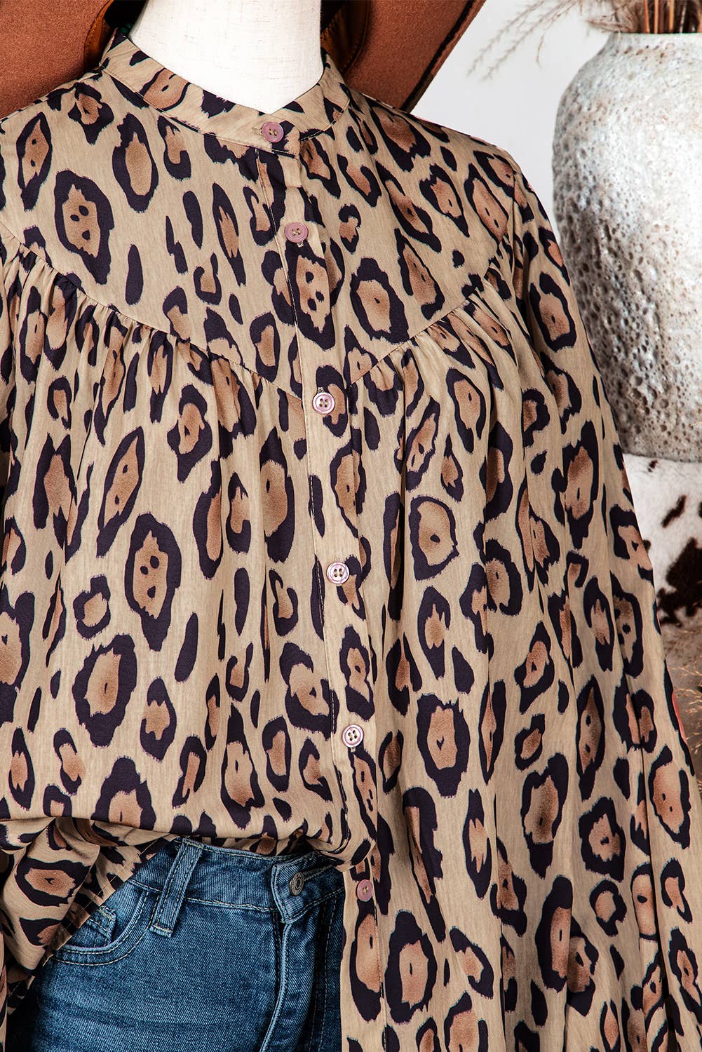 Western Oversized Leopard Print Balloon Sleeve Casual Shirt
