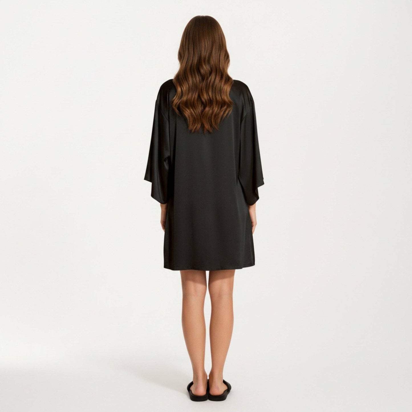 2-Piece Set Satin Slip Dress and Open Front Robe with Flowing Draped Sleeves and Lightweight Fabric