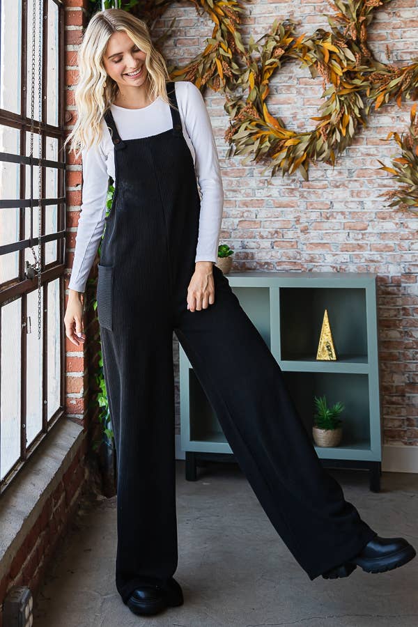 Rib Knit Wide Leg Adjustable Strap Overall Jumpsuit J5293