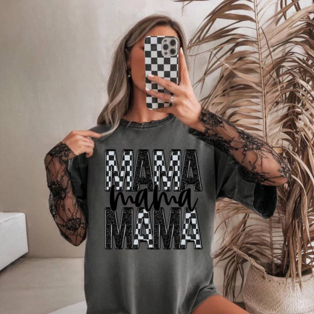 Mama Retro Checkered Faux graphic Tee Comfort Colors🤘🏼