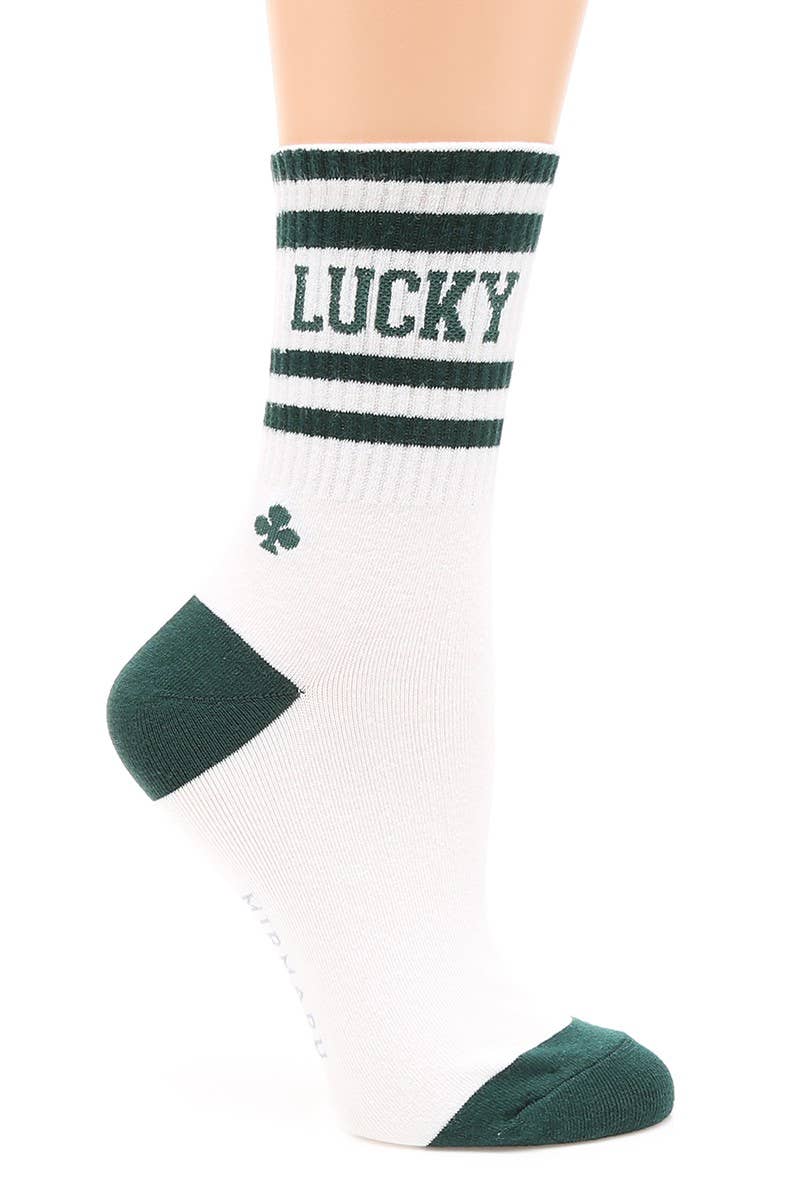 Women's Striped Letter Cotton Blend Crew Socks.