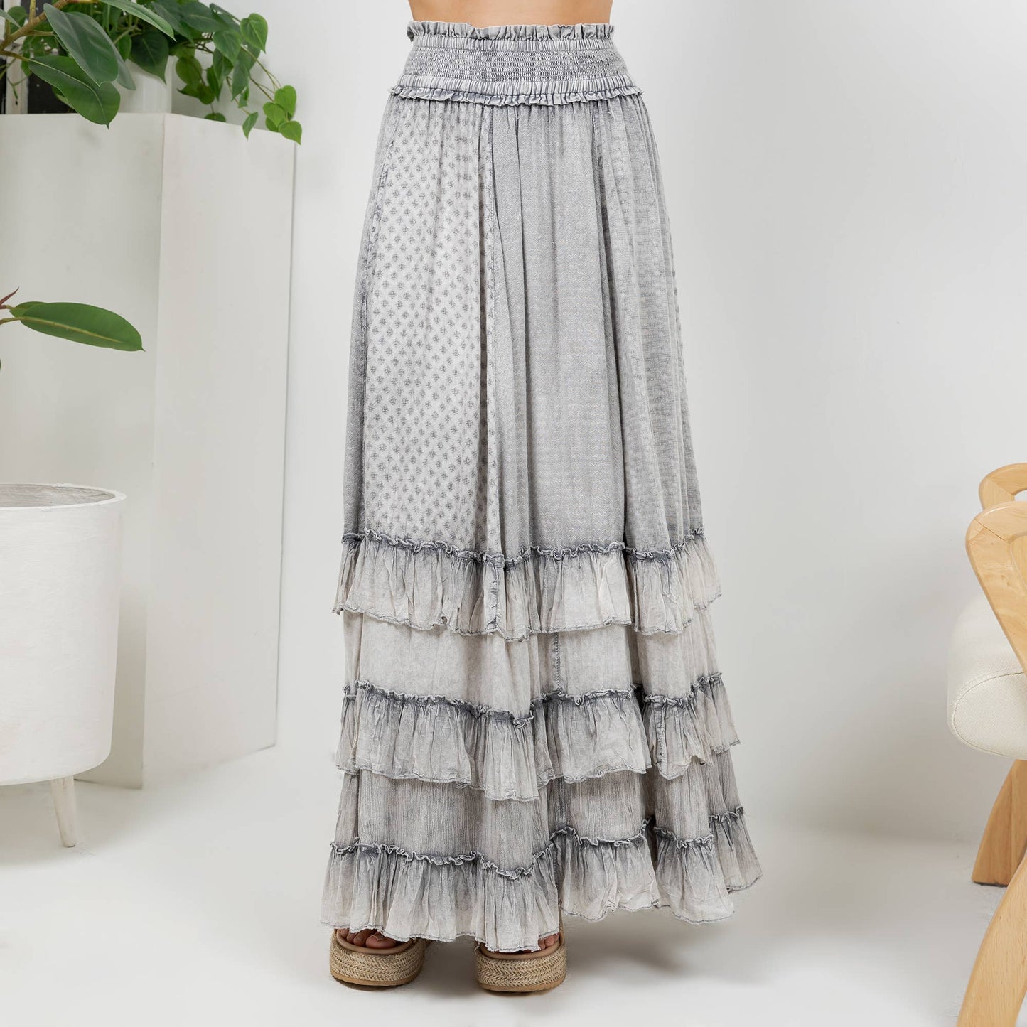 Rustic Textured Smocked Waist Ruffled Tiered Maxi Skirt