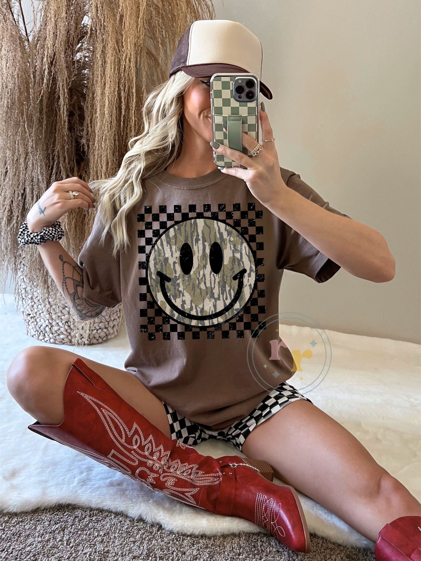 Checkered Camo Smile Graphic T-shirt