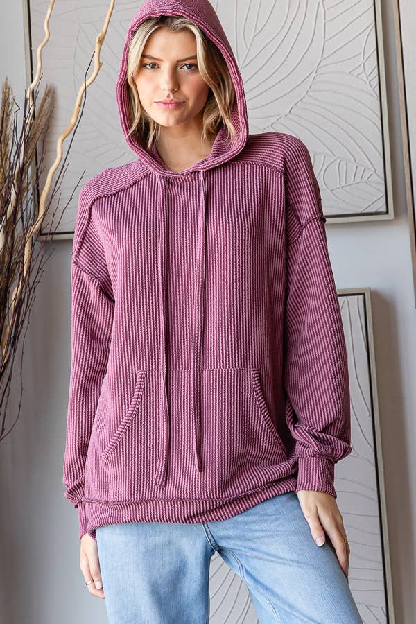 Solid Rib Drop Shoulder Front Pocket Drawstring Hoodie T5704