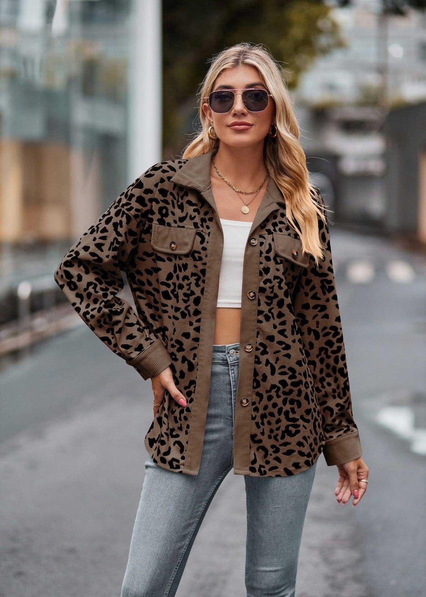 Leopard Corduroy Shirt Jacket - Button Down Oversized Fit