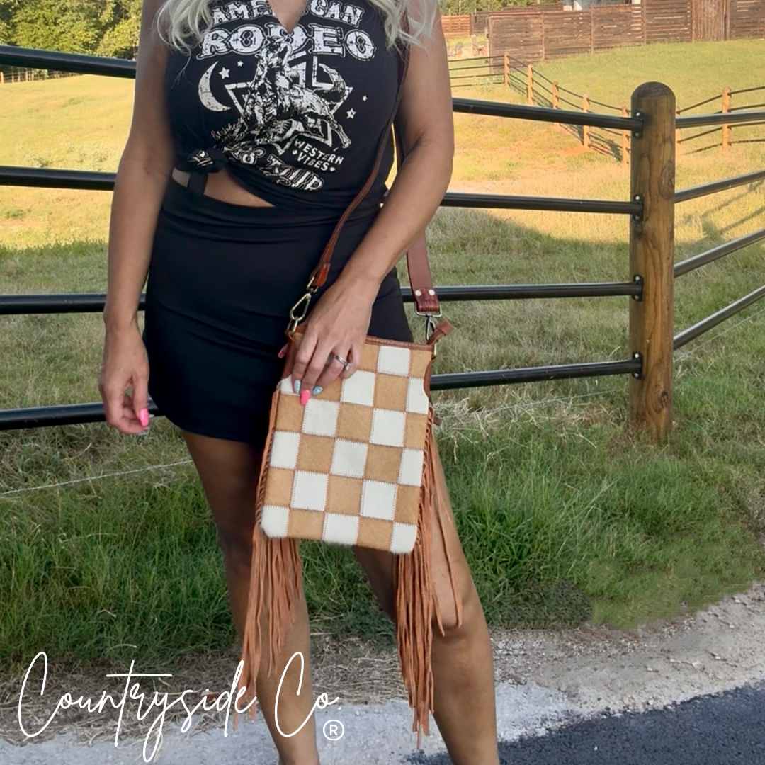 Stockdale Checkered Cowhide Fringe Purse, Brown & White