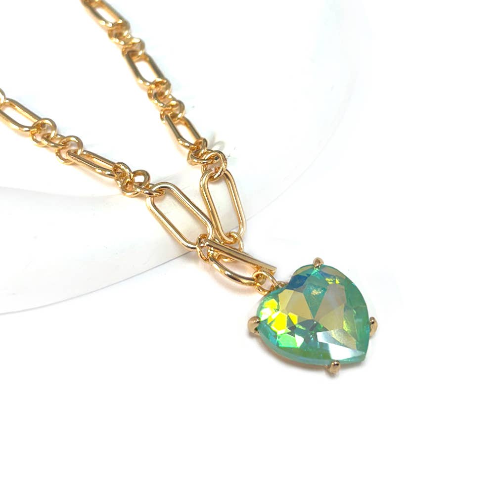 Love Heart Crystal Glass Charm Chain Link Toggle Necklace
