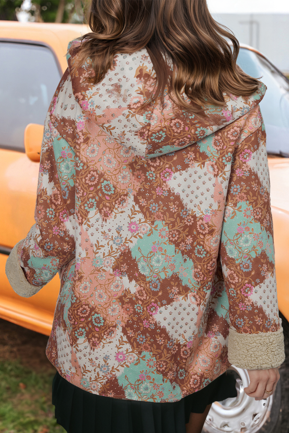 Fashion-W Vintage Paisley Floral Sherpa Lined Hooded Jacket