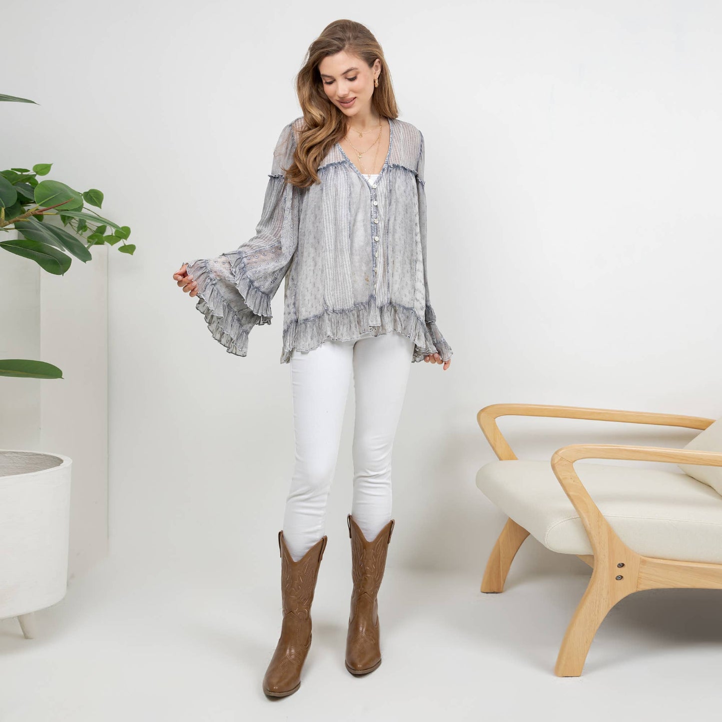 Dreamy Sheer V-Neck Ruffled Button-Front Top