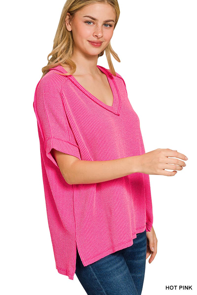 Corded Rib Short Sleeve Hi-low V Neck Top