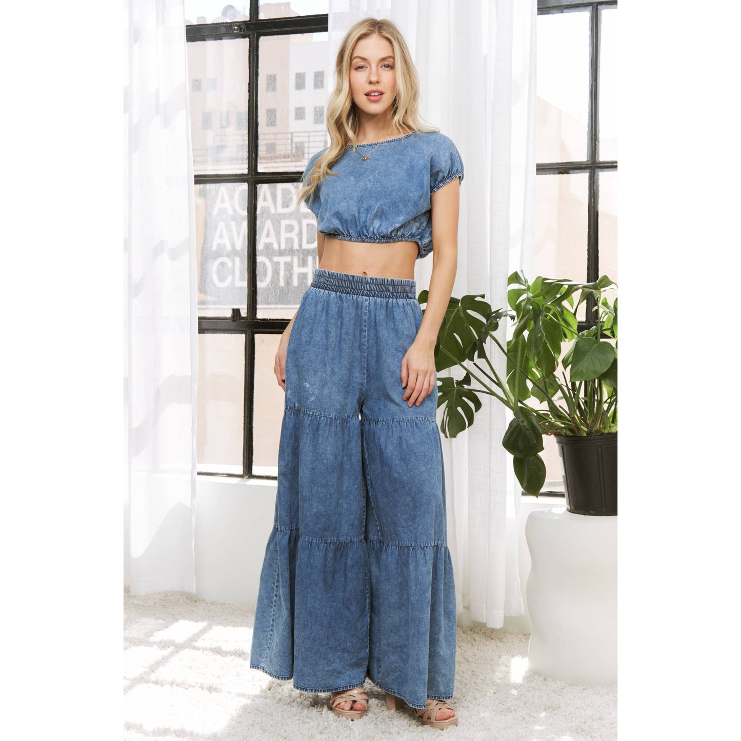 CHIC DENIM ELASTIC WAIST BAND WIDE LEG FLARED PANTS