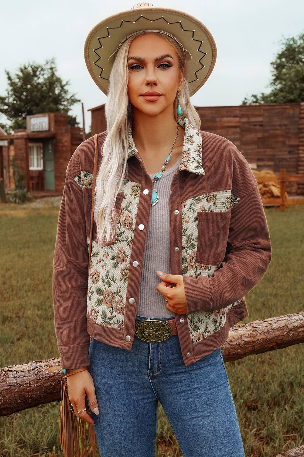 Fashion Rib Retro Floral Patchwork Shirt Style Jacket* S-4X