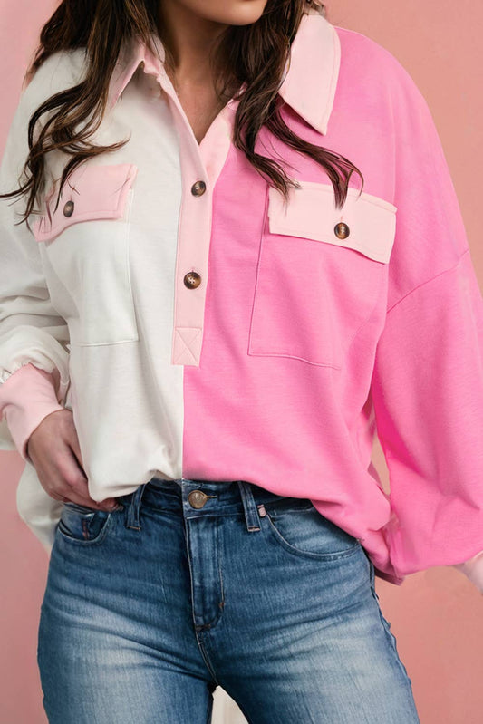Plus Size Colorblock Chest Pockets Half Button Sweatshirt