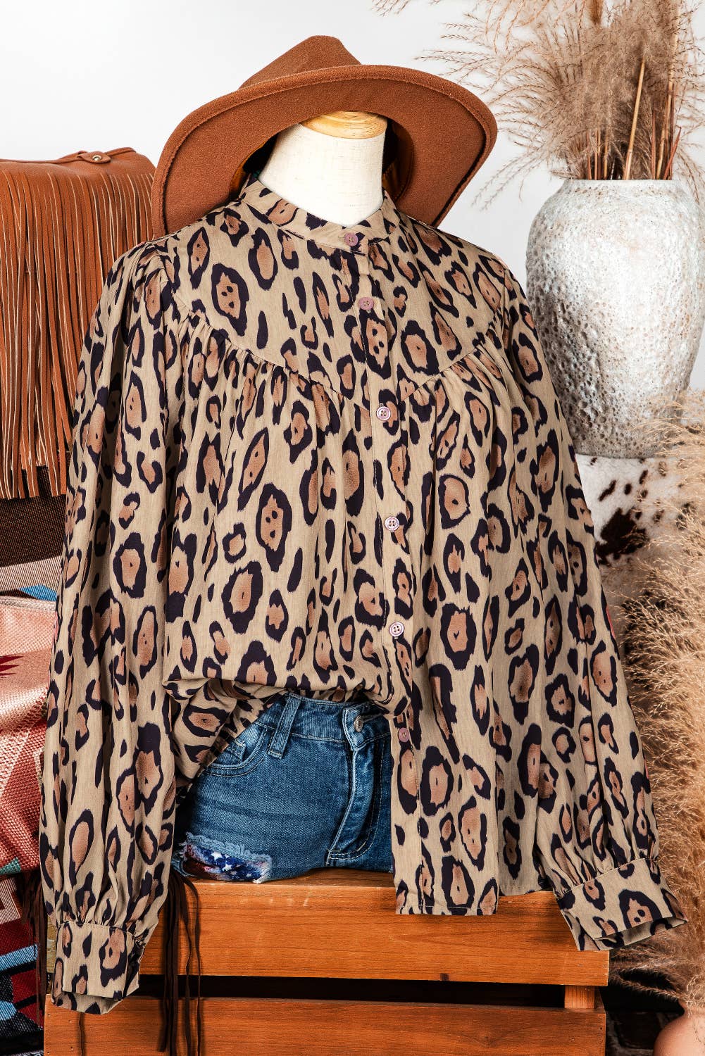 Western Oversized Leopard Print Balloon Sleeve Casual Shirt