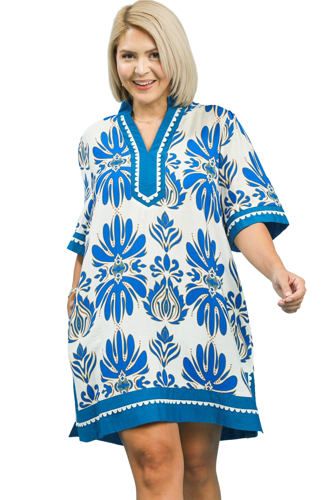 Mix Border Print Dress W/ Contrast Trim